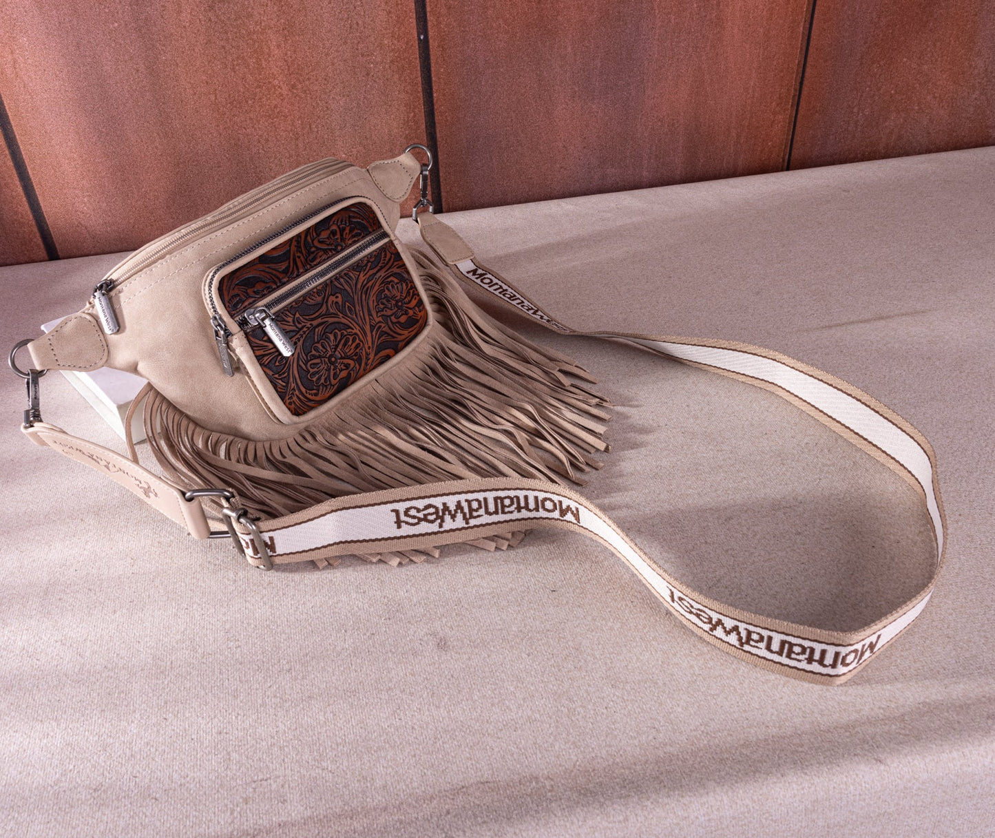 Montana West Floral Tooled Fringe Fanny Pack - Tan