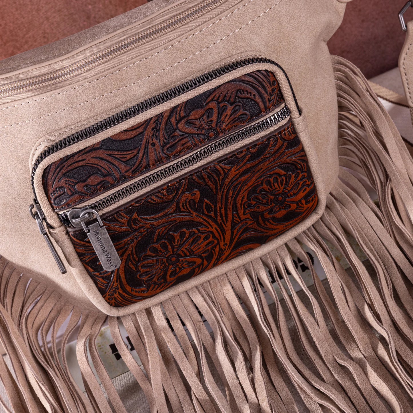 Montana West Floral Tooled Fringe Fanny Pack - Tan