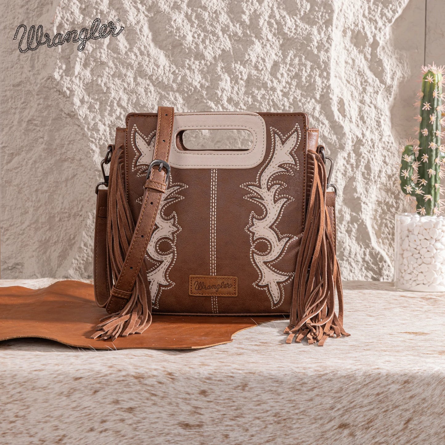 Wrangler Top Handle Boot Scroll Fringe Tote/Crossbody - Coffee