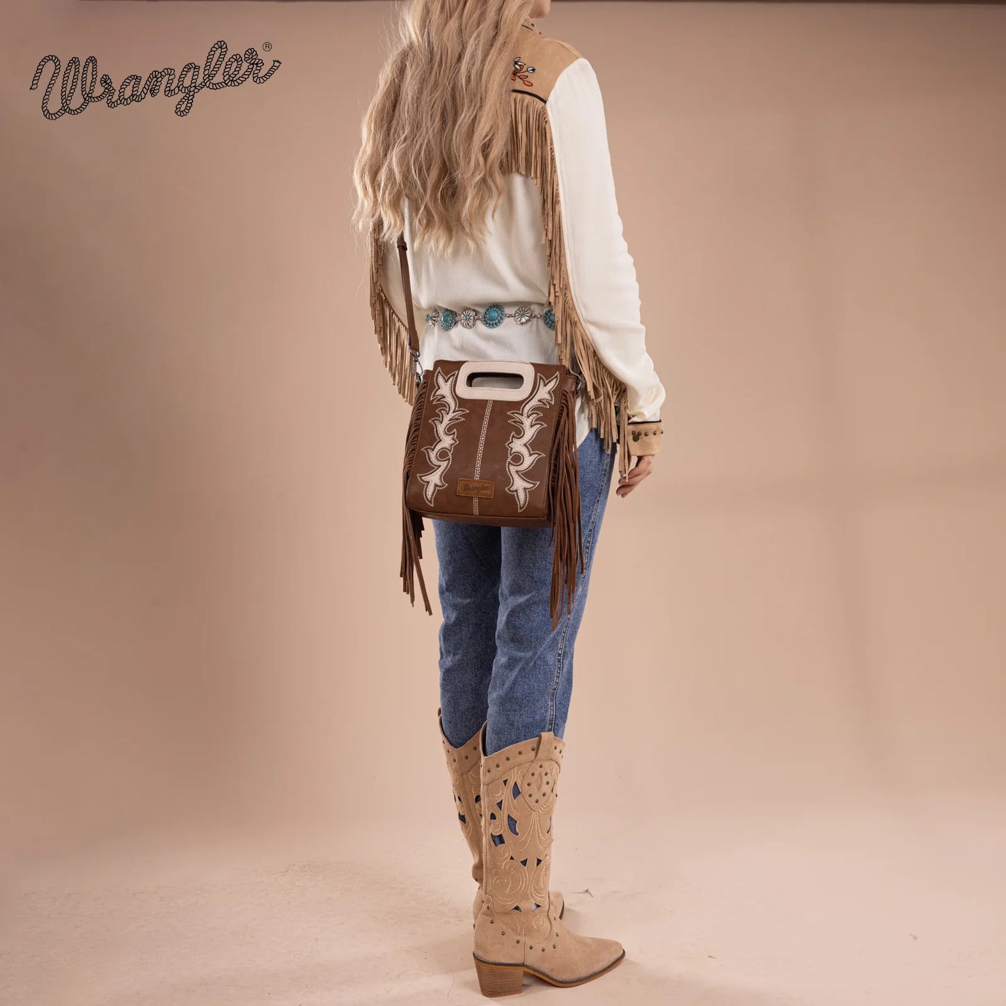 Wrangler Top Handle Boot Scroll Fringe Tote/Crossbody - Coffee