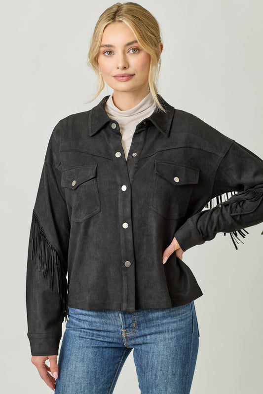 Mystree Fringe Faux Suede Jacket - Black