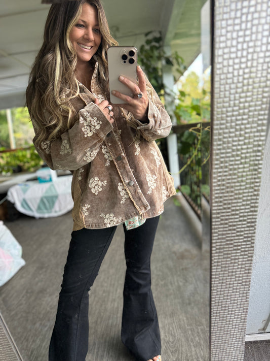 Mystree Embroidered Floral Corduroy Shacket - Brown