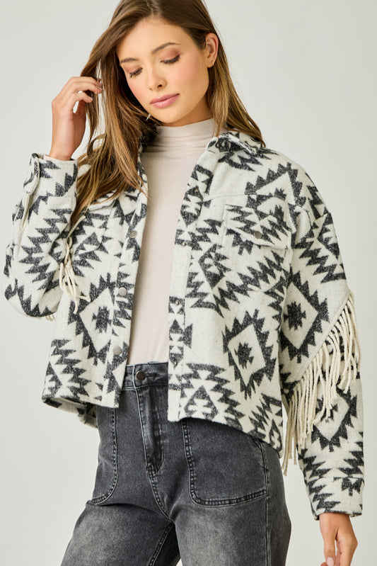 Mystree Aztec Fringe Shacket - Ivory Mix