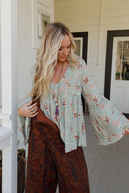 Brea Mixed Print Top by Three Birds Nest - Sage Floral Print