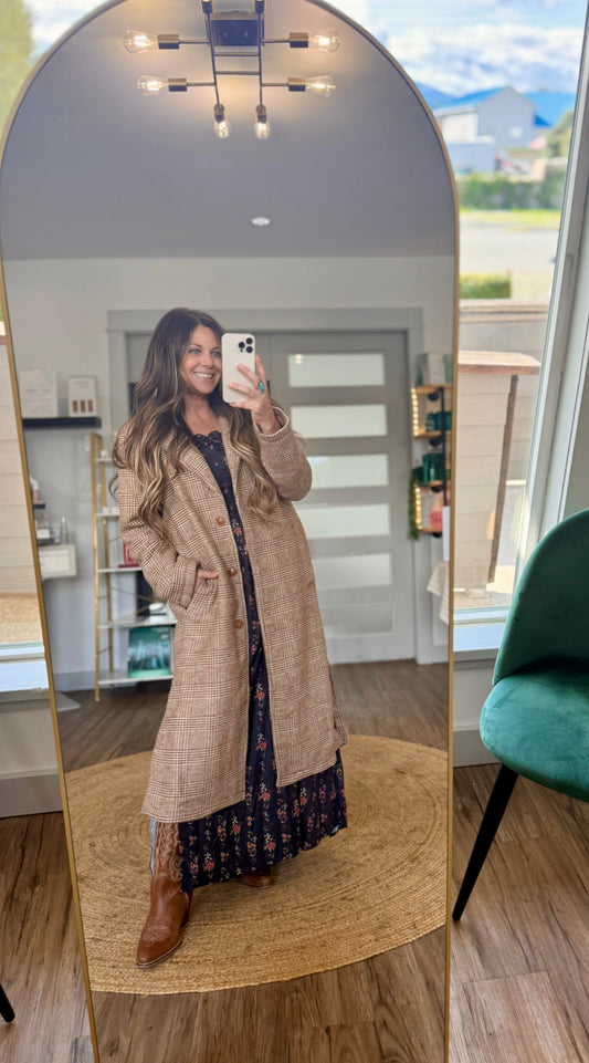 Mystree Houndstooth Plaid Long Coat