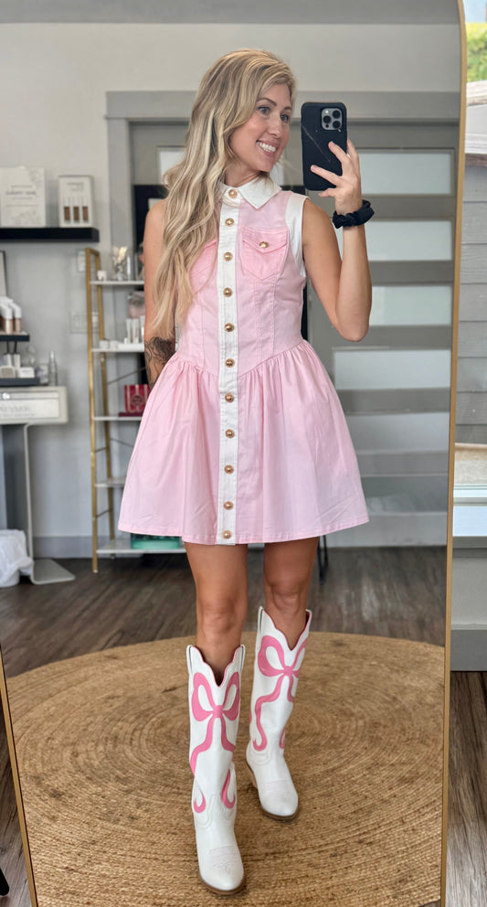 Collared Button Down Denim Mini Dress - Light Pink