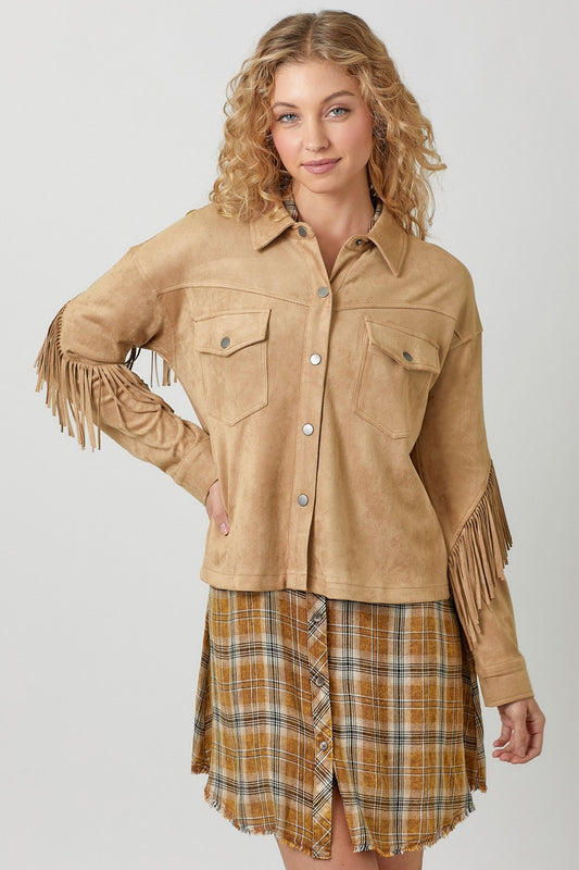 Mystree Fringe Faux Suede Jacket - Latte