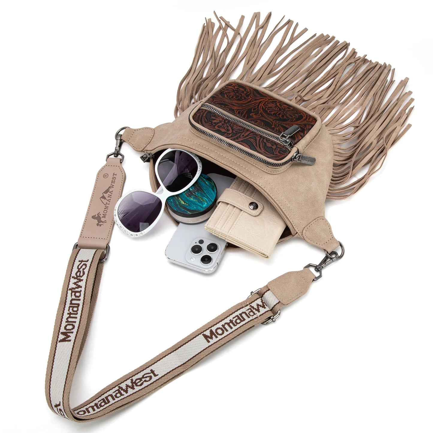 Montana West Floral Tooled Fringe Fanny Pack - Tan