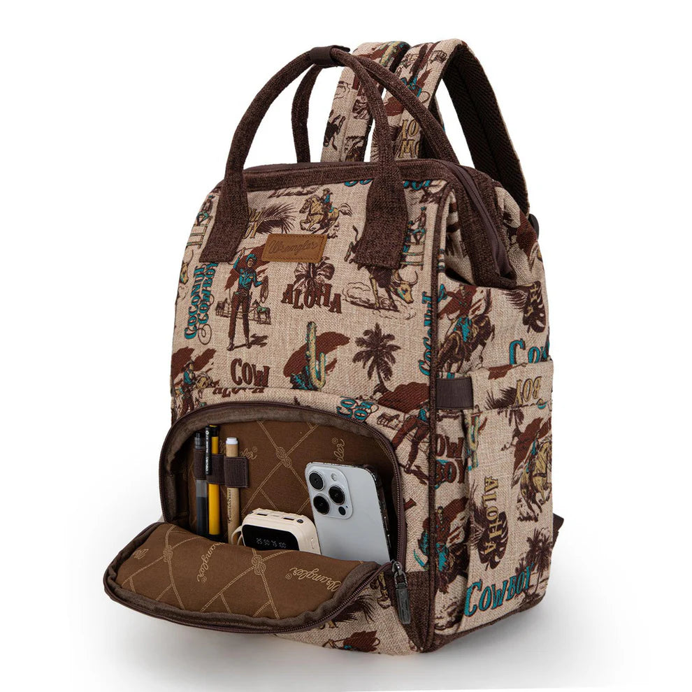 Montana West Wrangler Vintage Retro Cowboy Cool Print Backpack Tan