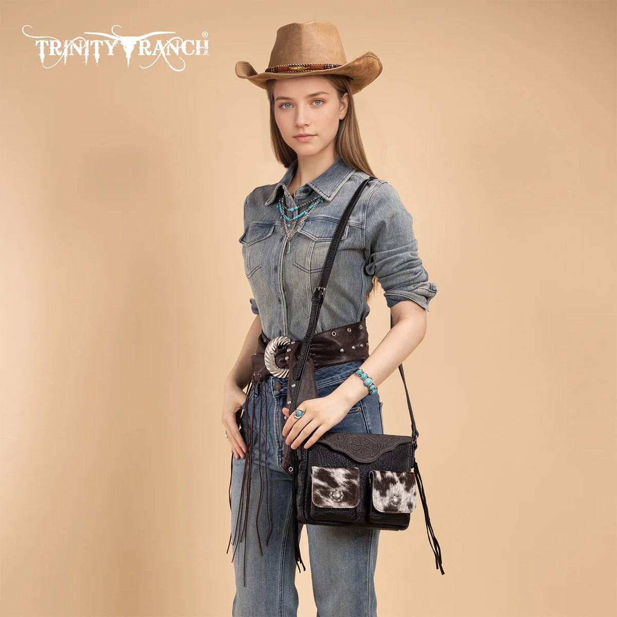 Trinity Ranch Genuine Cowhide Tooled Crossbody Purse β Black