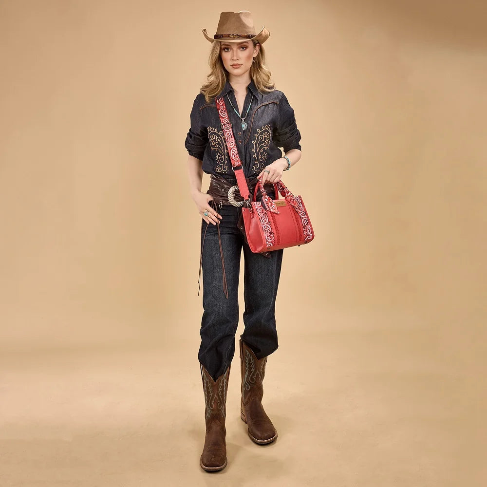 Wrangler Braided Paisley Bandana Tote/Crossbody – Red