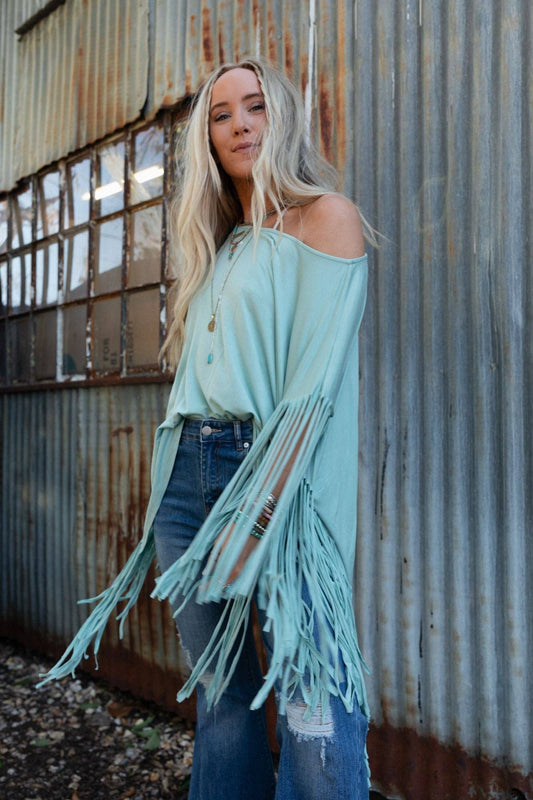 Three Bird Nest - Showstopper Fringe Top - Washed Seafoam