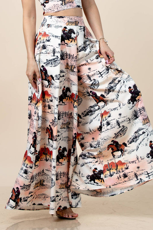 Hilda Vintage Western Print Wide Leg Pants
