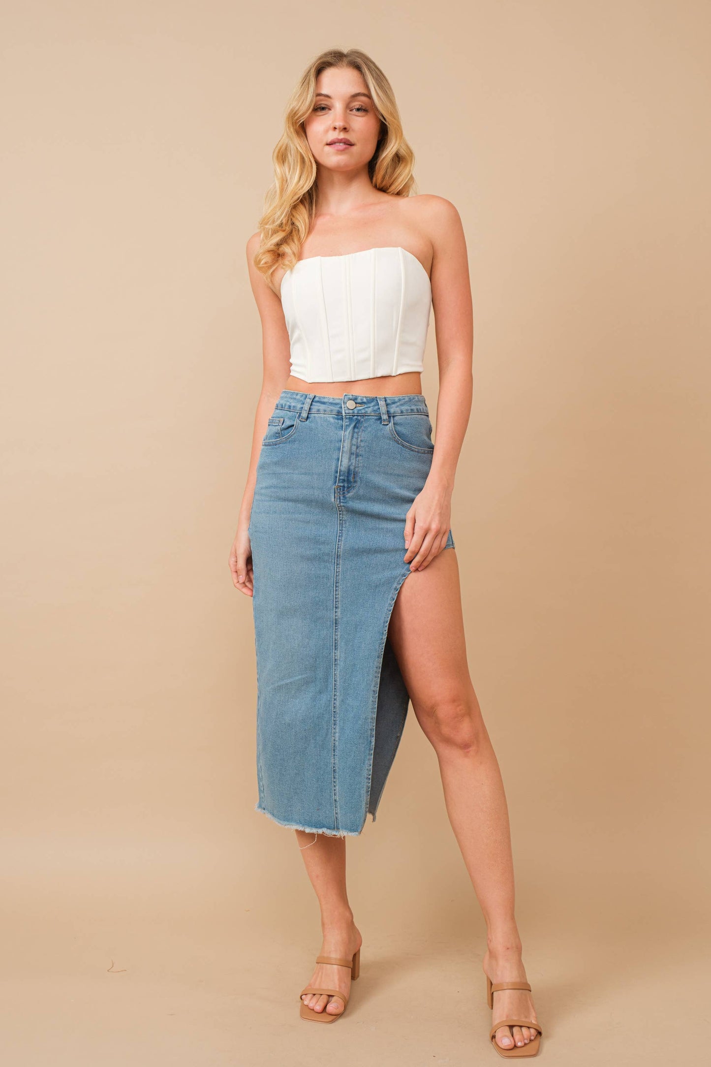 Mid Rise Midi Side Cut Denim Skirt