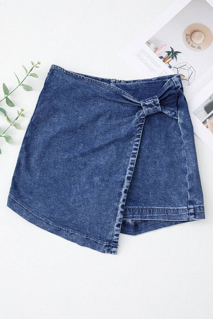 Acid Wash Denim Asymmetric Twisted Wrapped Zipped Skort