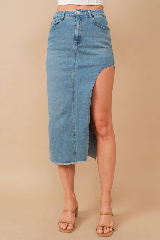 Mid Rise Midi Side Cut Denim Skirt