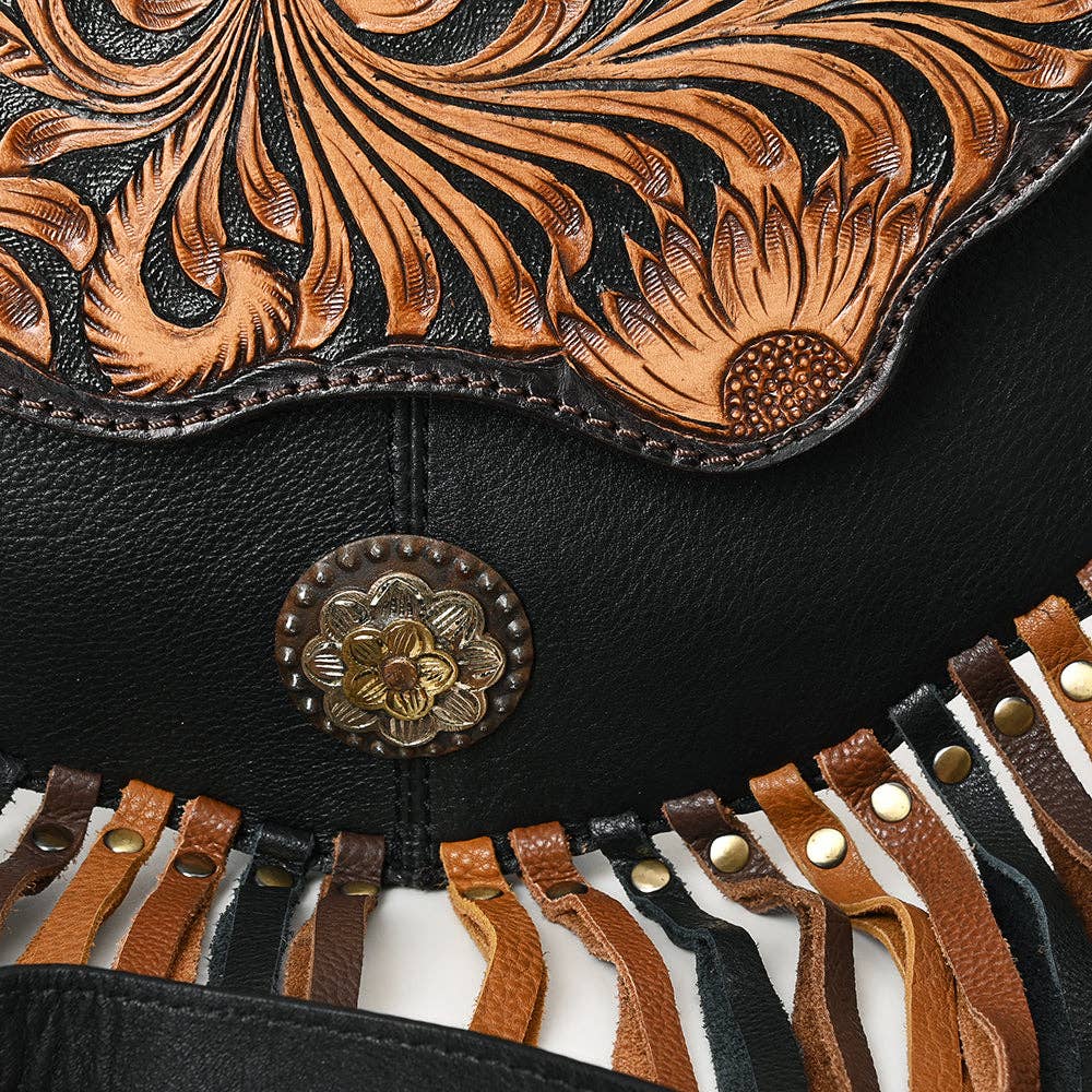 Genuine Leather Tooled Crossbody Fringe Bag