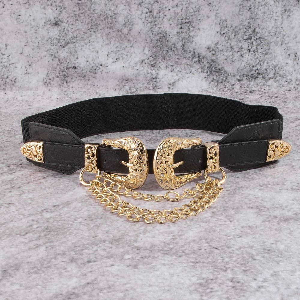 The Double Down Chain Belt – Gold Double Buckle Vegan Leather Belt