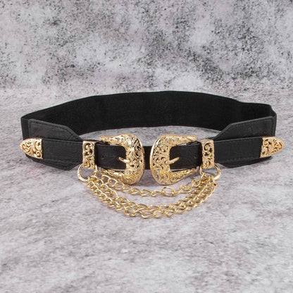 The Double Down Chain Belt – Gold Double Buckle Vegan Leather Belt