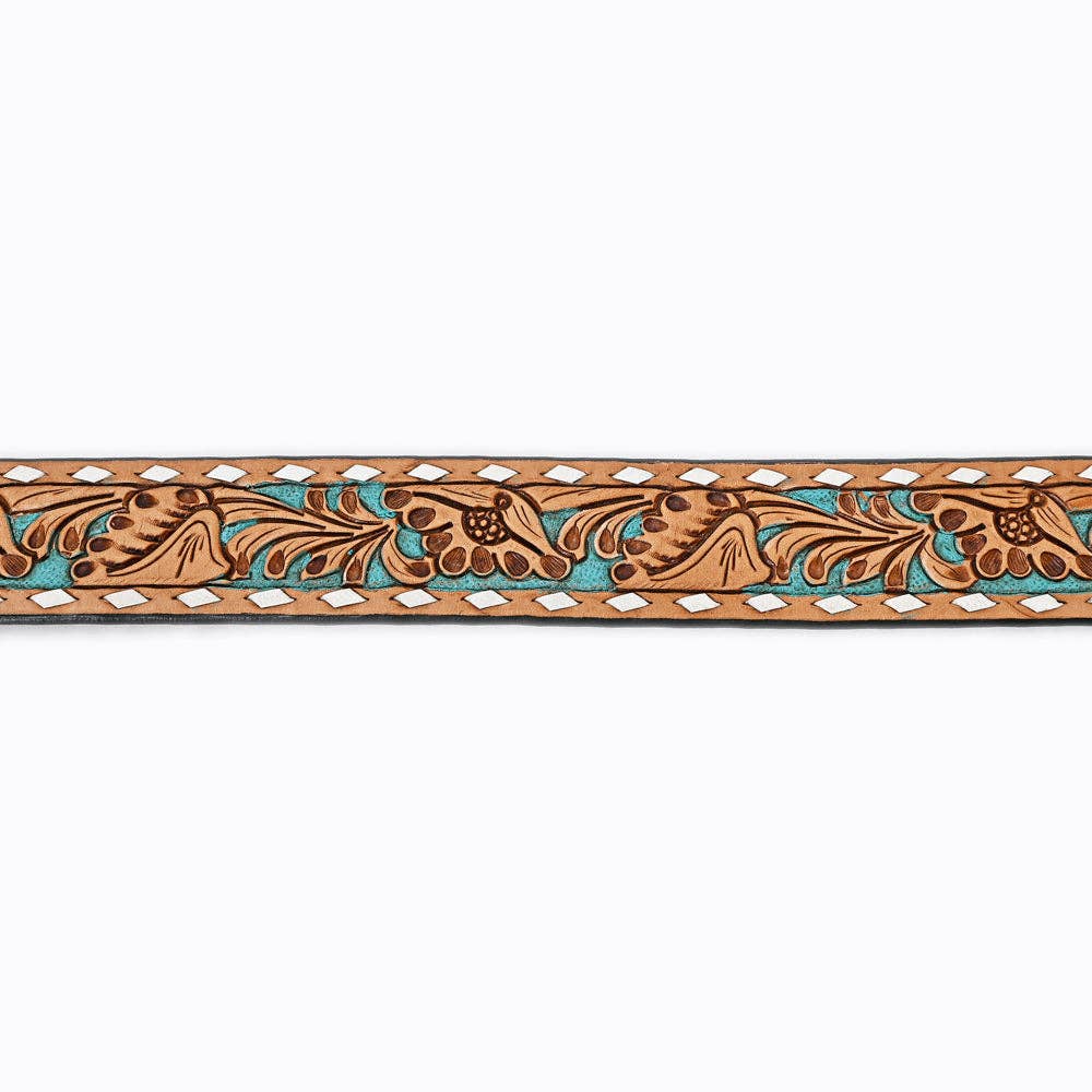 Hand Tooled Genuine Leather Belt and Buckle - Brown & Teal
