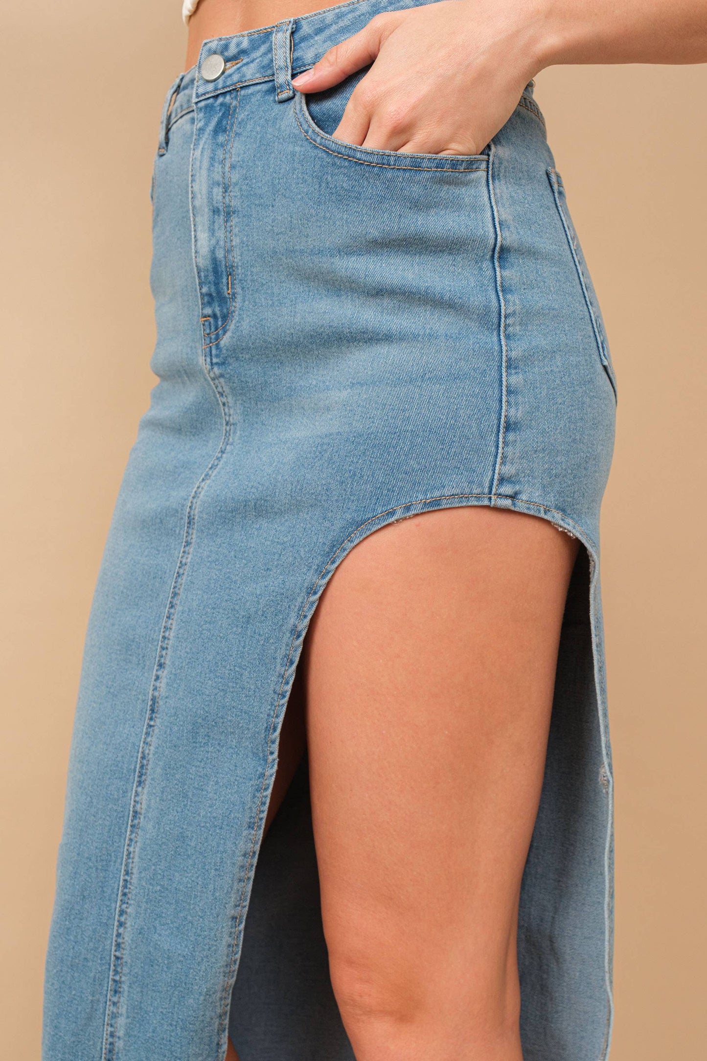 Mid Rise Midi Side Cut Denim Skirt