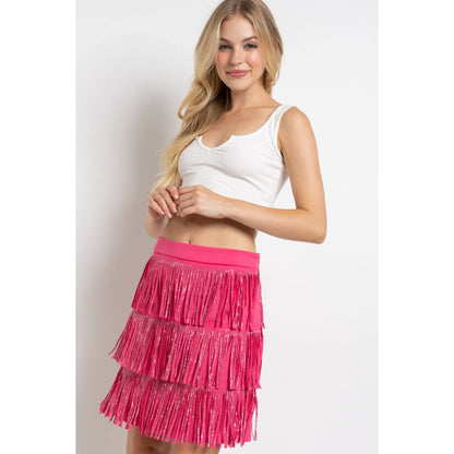 Rhinestone Suede Fringe Skirt - Pink