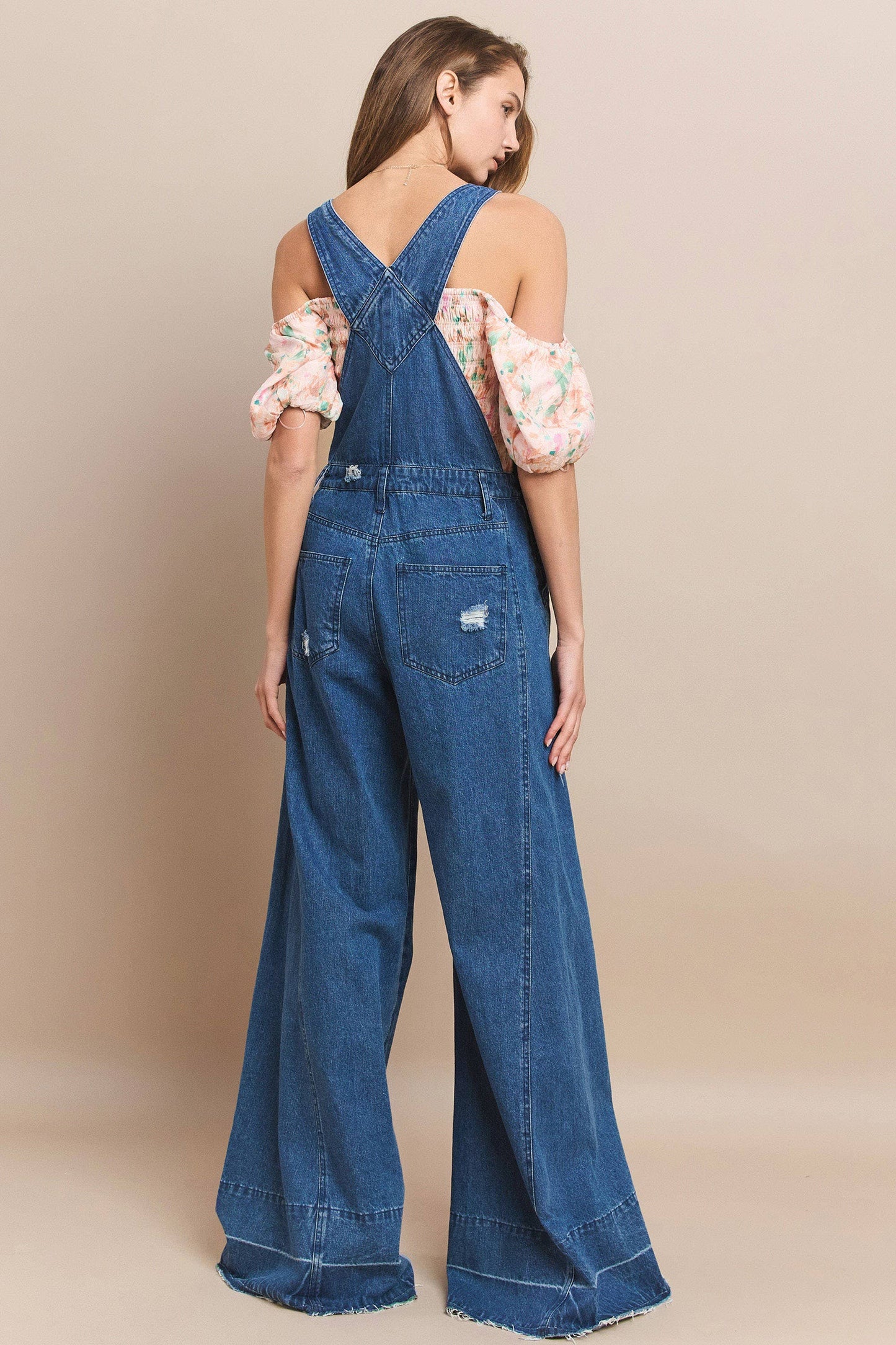 Wisteria Lane Wide Leg Denim Flare Overalls - medium denim
