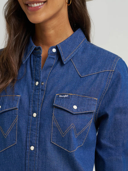 Wrangler® Iconic Western Snap Denim Dress – Dark Denim