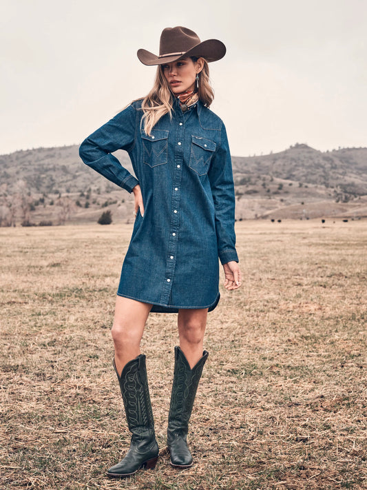 Wrangler® Iconic Western Snap Denim Dress – Dark Denim