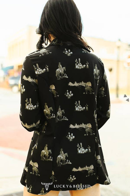 Lucky & Blessed Black Western Horse Printed Long Sleeve Blazer