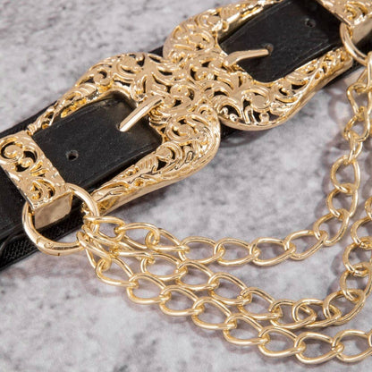 The Double Down Chain Belt – Gold Double Buckle Vegan Leather Belt