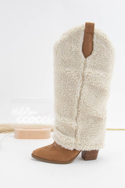 Boujee Cowgirl Slouchy Sherpa Boots (Tan)