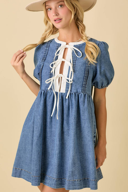 The Paisley Dress - Baby Doll Mini Denim Dress with Bows