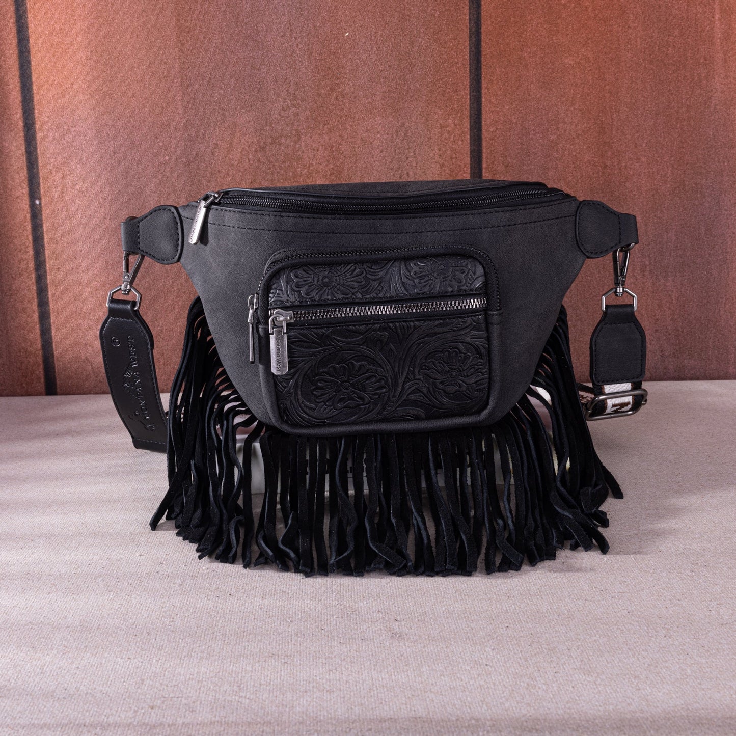 Montana West Floral Tooled Fringe Fanny Pack - Black
