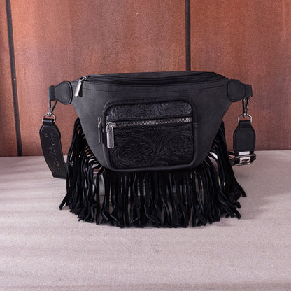 Montana West Floral Tooled Fringe Fanny Pack - Black