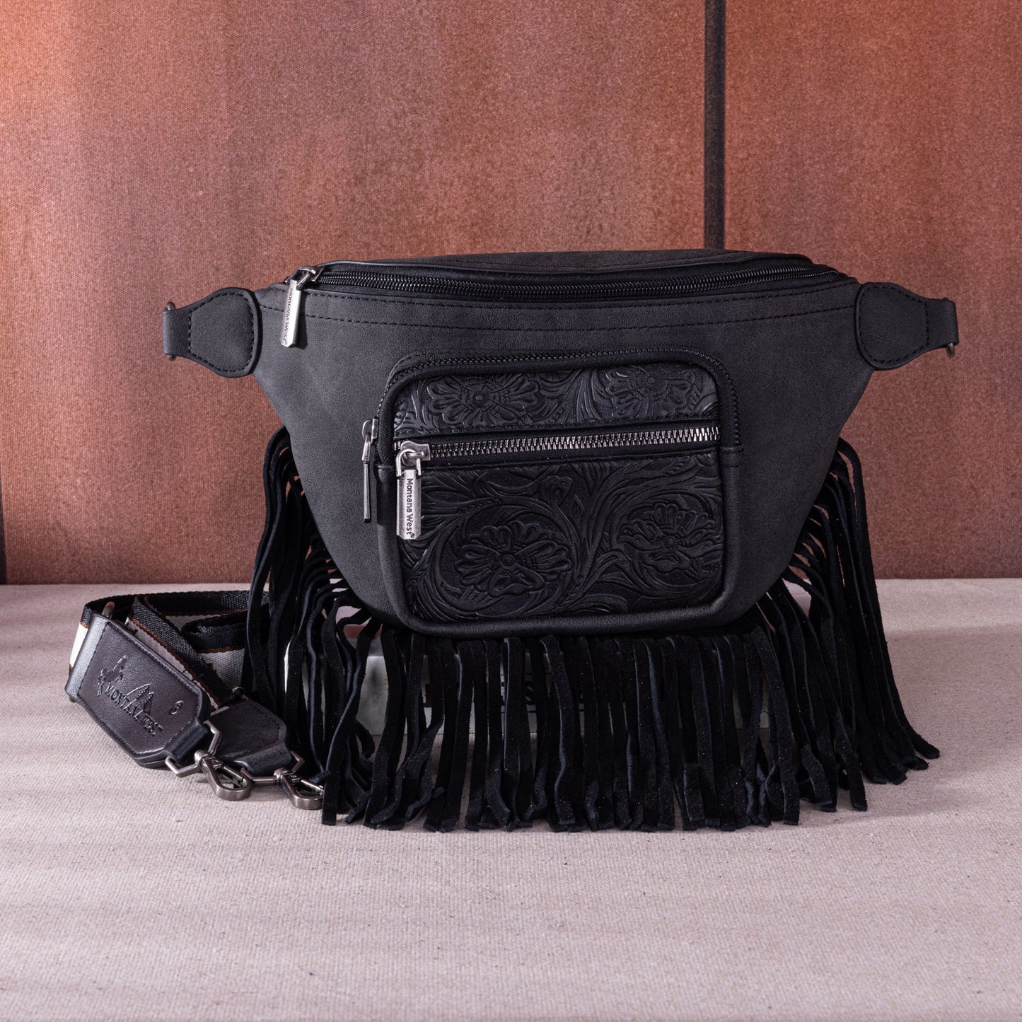 Montana West Floral Tooled Fringe Fanny Pack - Black