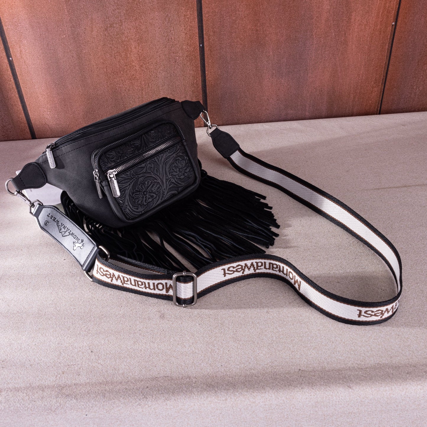 Montana West Floral Tooled Fringe Fanny Pack - Black