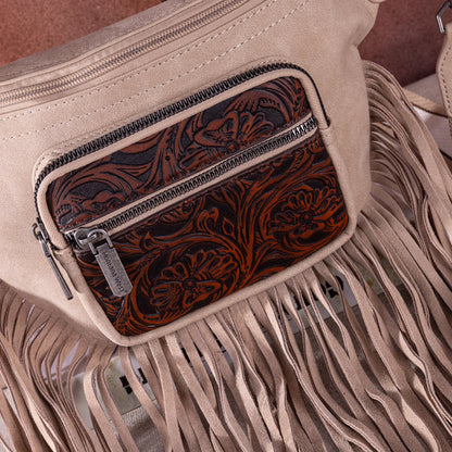 Montana West Floral Tooled Fringe Fanny Pack - Tan