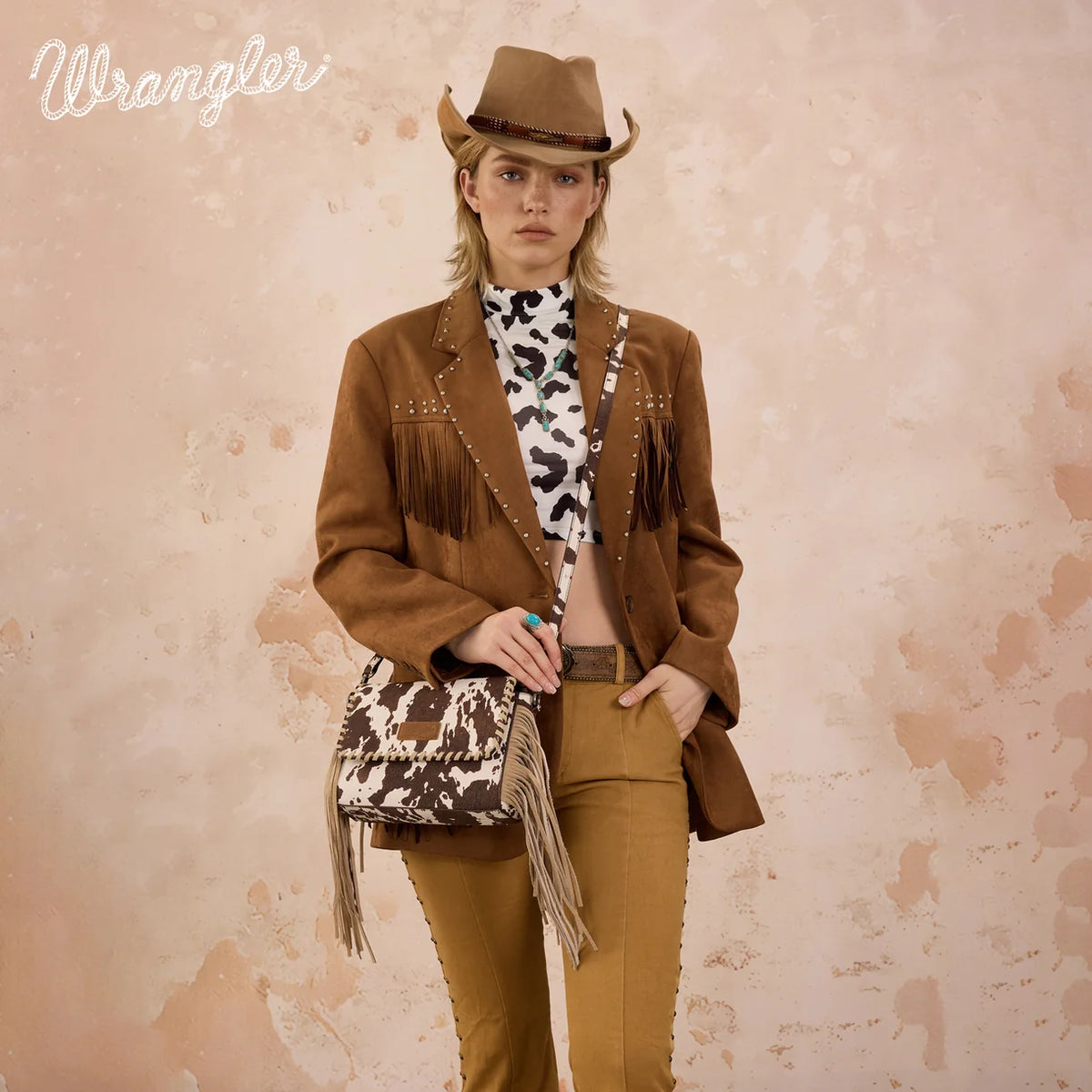 Wrangler Cow Print Fringe Crossbody Bag