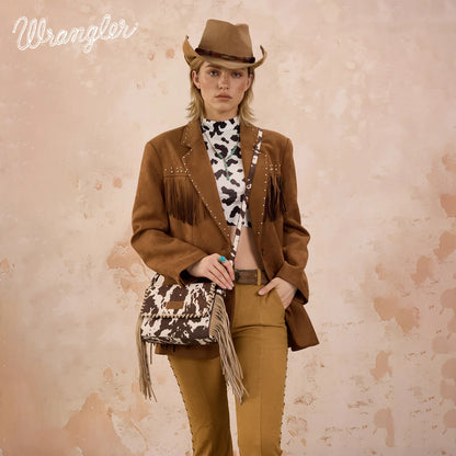 Wrangler Cow Print Fringe Crossbody Bag