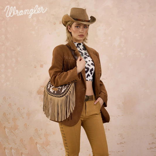 Wrangler Cow Print Fringe Shoulder Hobo Bag - Coffee
