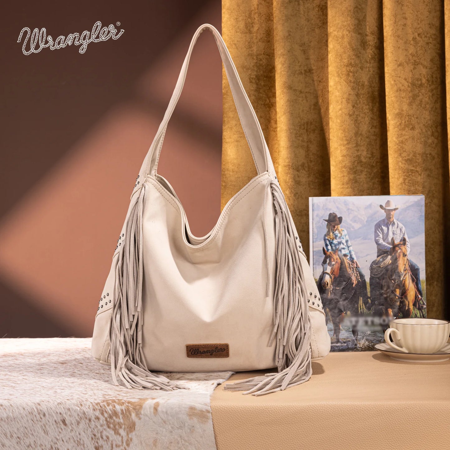 Wrangler Fringe Studded Hobo Bag- Beige