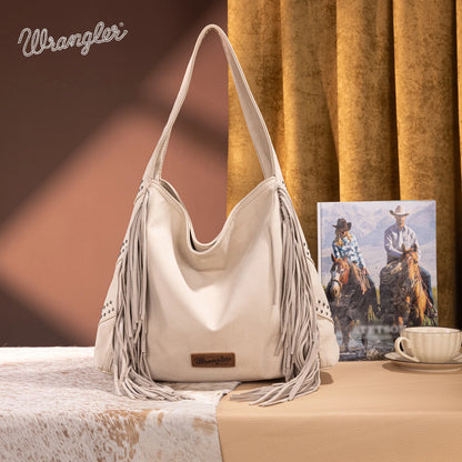 Wrangler Fringe Studded Hobo Bag- Beige