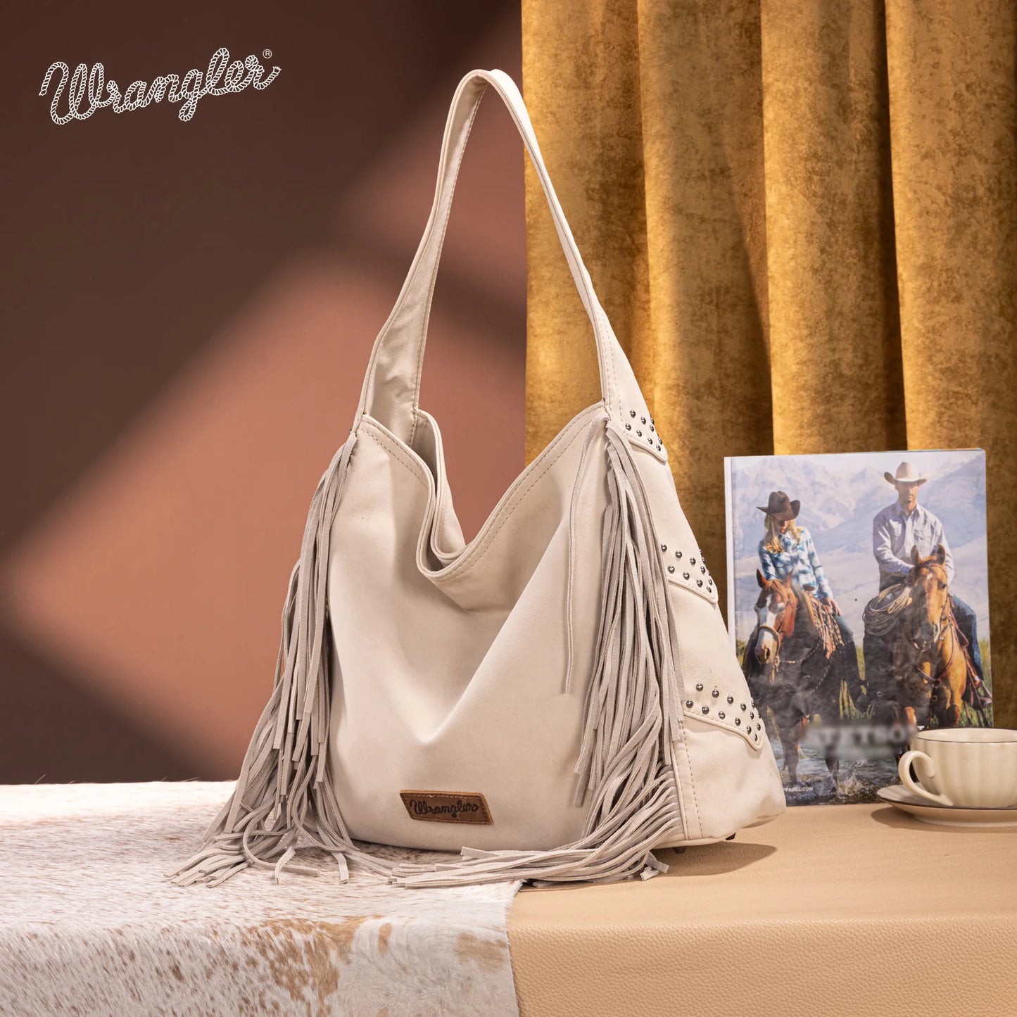 Wrangler Fringe Studded Hobo Bag- Beige