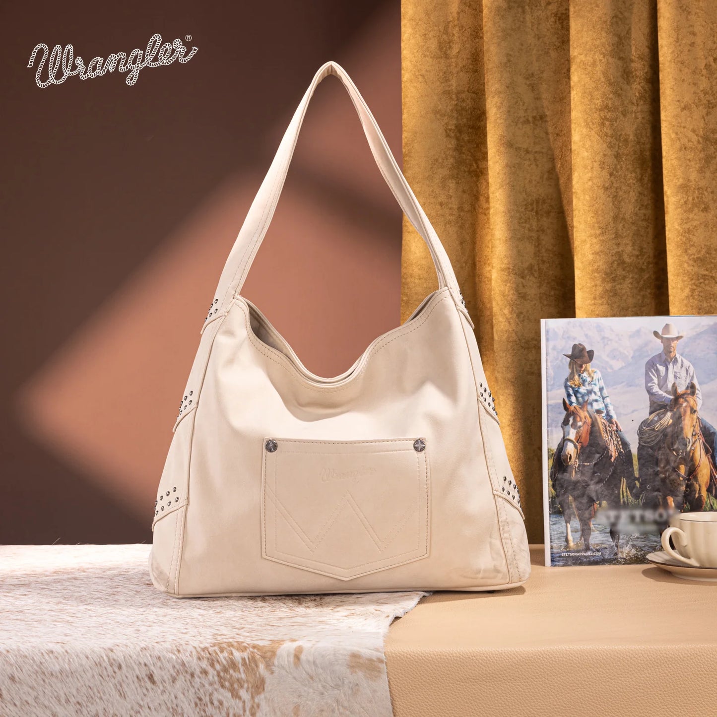 Wrangler Fringe Studded Hobo Bag- Beige