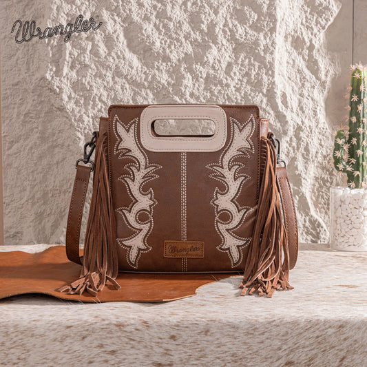 Wrangler Top Handle Boot Scroll Fringe Tote/Crossbody - Coffee