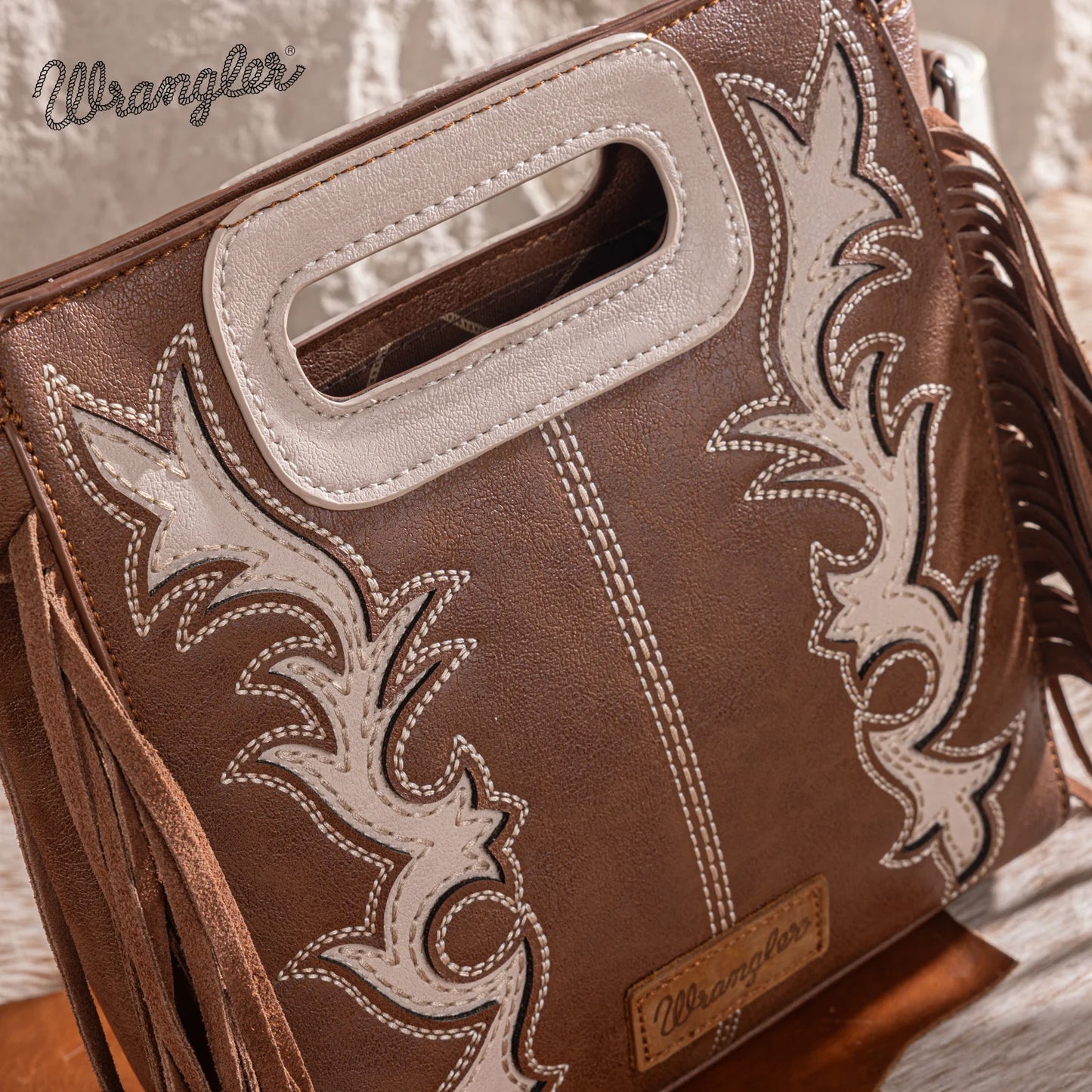 Wrangler Top Handle Boot Scroll Fringe Tote/Crossbody - Coffee