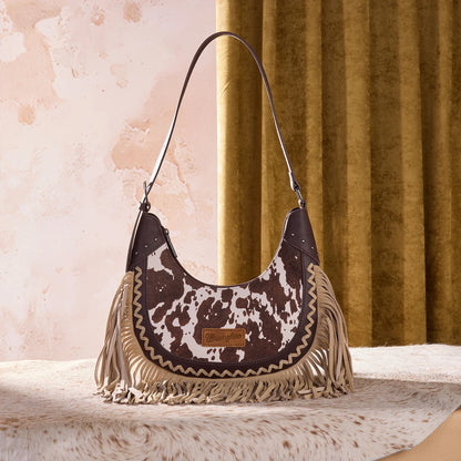 Wrangler Cow Print Fringe Shoulder Hobo Bag - Coffee
