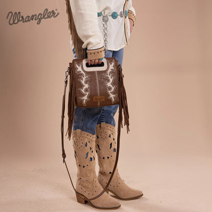 Wrangler Top Handle Boot Scroll Fringe Tote/Crossbody - Coffee
