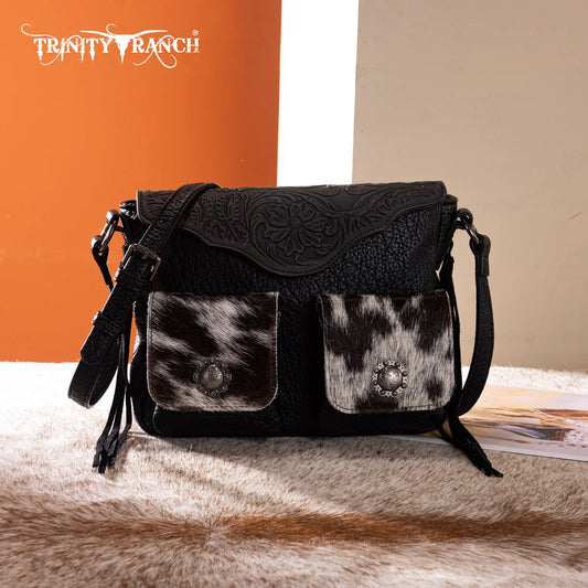Trinity Ranch Genuine Cowhide Tooled Crossbody Purse – Black